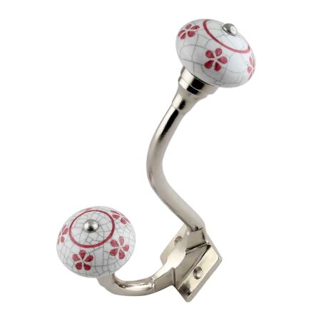 Pink Floral Crackle Ceramic Silver Iron Hook